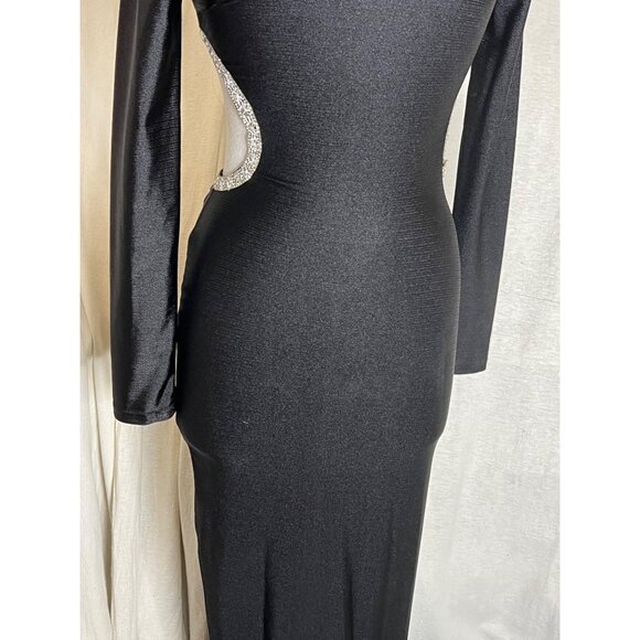 Fashion Nova Black Long Sleeve Backless Dress With Rhinestone Trim Evening  flaw - Picture 9 of 16